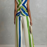 Fashionable Art Striped Sleeveless Linen And Cotton Top And Pants Two-piece Set