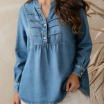 Women's V-neck Long-sleeved Casual Loose Simple Denim Top