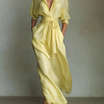 Waist-cinching Shirt-style Maxi Linen And Cotton Dress