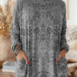 Women's Retro Print High-neck Long-sleeve Casual Loose Cotton Top