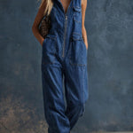 Women's Stand-collar Sleeveless Casual Loose Denim Wide-leg Jumpsuit