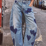 Women's Vintage Love Pattern Art Print Casual Cotton Denim Jeans