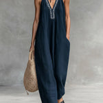 Women's Solid Color V-Neck Halter Neck Sleeveless Casual Loose Cotton Linen Wide-Leg Jumpsuit