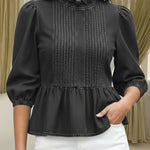 Women's Cotton Denim Top With Ruffled Collar And Pleats