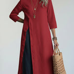 Minimalist Side-slit Buttoned Cotton And Linen Tunic Shirt