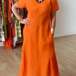 Elegant Diamond-neck Linen Midi Dress
