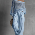 Women's Cozy Openwork Knit Top And Linen-cotton Pants Two-piece Set.