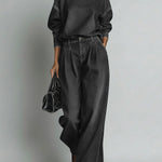 Women's Stand-collar Long-sleeved Casual Loose Denim Top And High-waisted Casual Loose Wide-leg Denim Pants Set.