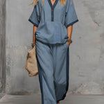 Women's V-neck 3/4 Sleeve Casual Loose Cotton And Linen Top And Elastic Waist Casual Loose Wide-leg Pants Cotton And Linen Set.
