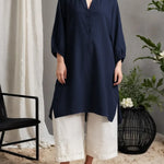 Women's Solid Color V-neck 3/4 Sleeve Casual Loose Fit Cotton Long Shirt