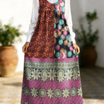 Women's Retro Splicing Colorful Flowers Pattern Art Print Casual Cotton Denim Dress