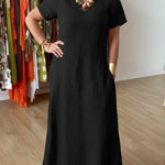 Elegant Diamond-neck Linen Midi Dress