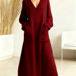 Women's Solid Color V-neck Long Sleeve Casual Pocket Loose Knit Dress