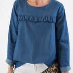 Women's Round Neck Long-sleeved Casual Loose Denim Top