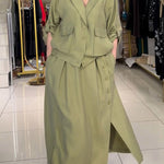 Women's Solid Color Lapel Long-sleeved Casual Loose Cotton And Linen Top And Elastic Waist Casual Loose Cotton And Linen Skirt Set.