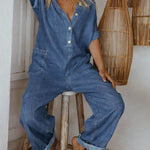Women's Round Neck Short-sleeved Casual Loose Denim Wide-leg Jumpsuit