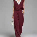Women's Lapel Sleeveless Casual Loose Top And Elastic Waist Loose Wide-leg Pants Cotton Set