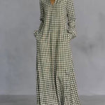 Women's Plaid Print V-neck Long-sleeved Casual Loose Cotton And Linen Dress