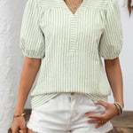 Women's V-neck Puff Sleeve Striped Shirt