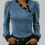 Women's Stand Collar Long Sleeve Casual Slim Fit Denim Top