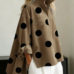Elegant Artistic Polka Dot Print Stand-collar Denim Top