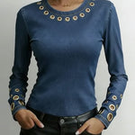 Women's Round Neck Long Sleeve Faux Denim Stretch Casual Loose Denim Top