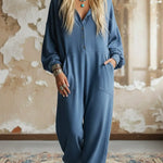 Casual Cozy Loose Hooded Button-up Cotton Jumpsuit