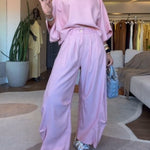 Women's Solid Color Round Neck Three-quarter Sleeve Casual Loose Top And High-waisted Casual Loose Wide-leg Pants Cotton Set.