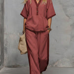 Women's V-neck 3/4 Sleeve Casual Loose Cotton And Linen Top And Elastic Waist Casual Loose Wide-leg Pants Cotton And Linen Set.