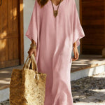 Elegant V-neck Linen-cotton Kaftan Dress
