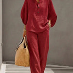 Natalia | Linen set with batwing sleeves and wide-leg trousers