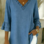 Cozy Ruffled V-neck Denim Cotton Top