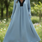 Retro Cozy Color-blocked V-neck Linen Dress