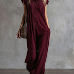 Women's Solid Color Short-sleeved Casual Loose Hooded Cotton And Linen Wide-leg Jumpsuit