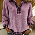 Women's Plaid Color-blocked Cardigan Collar Long-sleeved Casual Loose Sweatshirt