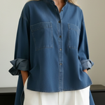 Casual Stand-collar Irregular Hem Denim Shirt Top