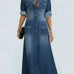 Women's Lapel Long-sleeved Casual Loose Denim Shirt Dress