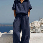 Women's Solid Color Hooded Short-sleeved Pullover Top And Elastic Waist Loose Wide-leg Pants Cotton And Linen Set.