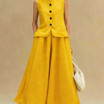 Women's Solid Color Round Neck Sleeveless Loose Casual Top And High-waisted Loose Casual Skirt Cotton And Linen Set.