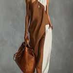 Fashionable Color-blocked Linen-cotton Maxi Dress