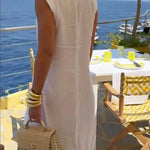 Women's Stylish Casual Elegant Resort Cotton Linen Front Slit Midi Top And Elastic Waist Loose Pants Set
