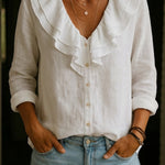 Women's Ruffled Collar Linen And Cotton Shirt