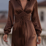 Satin Cinched Waist Mocha Brown - Maxi Dress