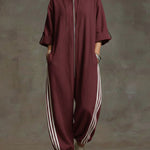 Women's Stand-collar 3/4 Sleeve Casual Loose Hooded Linen Jumpsuit