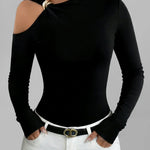 Women's Solid Color Stand Collar Long Sleeve Casual Loose Stretch Top