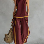 Women's Round Neck Sleeveless Casual Loose Top And High-waisted Loose Wide-leg Pants Cotton And Linen Set.