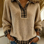 Women's Plaid Color-blocked Cardigan Collar Long-sleeved Casual Loose Sweatshirt