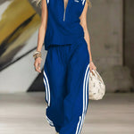 Women's Casual Patchwork Striped Zip-up Top And Pants Two-piece Set