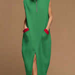 Women's Solid Color Stand-collar Sleeveless Casual Loose Cotton Dress