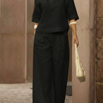Women's Casual Linen And Cotton Shirt And Wide-leg Pants Two-piece Set